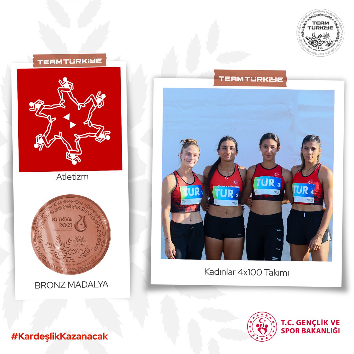 🥉Bayrak takımımızdan bronz!

#Konya2021 5. İslami Dayanışma Oyunları'nda Simay Özçiftçi, Şevval Ayaz, Cansu Nimet Sayın ve Elif Polat'dan oluşan 4x100m kadın bayrak takımımız 44.49'luk derecesiyle bronz madalya kazandı.🏃🇹🇷

Tebrikler Takım!👏