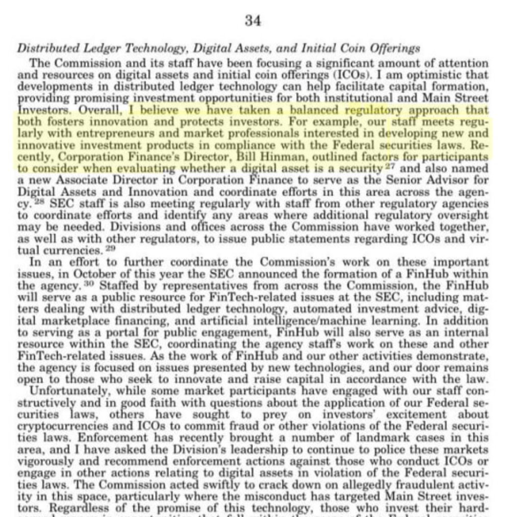 Transcript from a December 2018 <a href="/SECGov/">U.S. Securities and Exchange Commission</a> oversight hearing where Jay Clayton, testifying under oath, cites Bill Hinman's speech as a reference for market participants to evaluate whether a digital asset is a security.