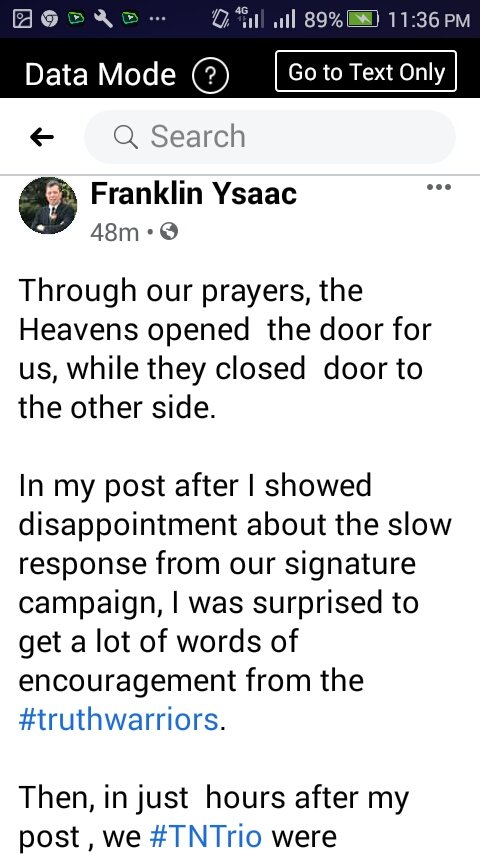 karenvaughn_'s tweet photo. Guys, good news! Previously di tayo sunusuportahan ng mga tv station,pro ininterview na sila Sir Franklin Ysaac ng ABS CBN. Di ko sure kung kelan ieere ito. Look below! #TruthPetition https://t.co/ieAdNcv9rz