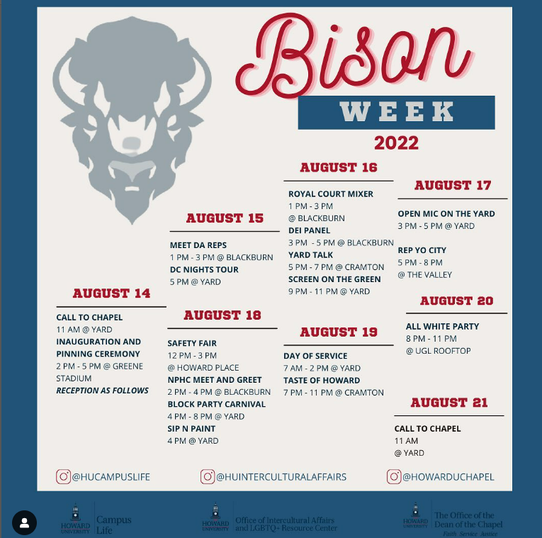 howarduchsoc's tweet photo. Hey, new Bison. We can't wait to meet you next week. We're hosting our meeting on Monday. Check the official Bison Week schedule for details on our event and lots to do all week with @HUCampusLife. Welcome to the Mecca! #HU26 #WelcometoHoward #BisonWeek #CHSOC https://t.co/Or7ZBtwxEs