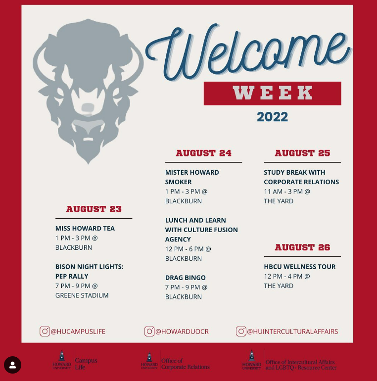 howarduchsoc's tweet photo. Hey, new Bison. We can't wait to meet you next week. We're hosting our meeting on Monday. Check the official Bison Week schedule for details on our event and lots to do all week with @HUCampusLife. Welcome to the Mecca! #HU26 #WelcometoHoward #BisonWeek #CHSOC https://t.co/Or7ZBtwxEs