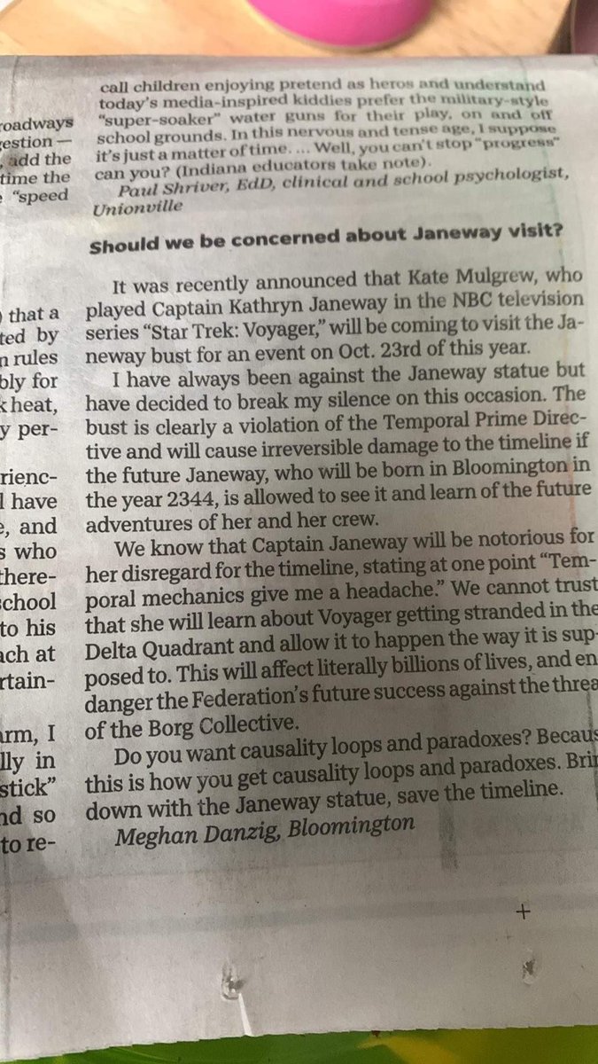 I solemnly promise to not cause any temporal anomalies when I visit my statue in Bloomington this October. The <a href="/JanewayCollect1/">The Janeway Collective</a> is on alert and ready to handle any casuality loops before they occur.