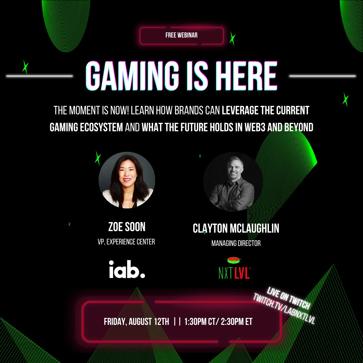 Tune in today at 2.30pm ET today as I chat with Clayton McLaughlin, Managing Director at <a href="/nxtlvl/">NXT LVL</a> about the now opportunity for brands in gaming and what the future holds for this mass media channel. Streaming live on Twitch twitch.tv/labnxtlvl <a href="/iab/">IAB</a>