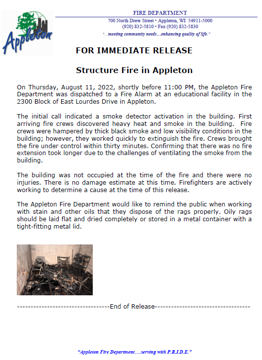 Appleton Fire Department on Twitter "8/11/2022 Press Release
