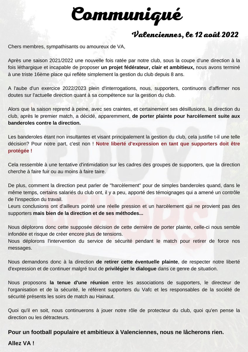 UltrasRoisters's tweet photo. 📣 Communiqué des supporters du @VAFC
#Vafc #VAFCHAC #ValenciennesFans https://t.co/sRjJzDAm6a