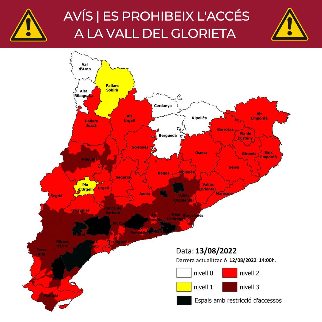 Alcover_Vila's tweet photo. [AVÍS]⚠️Aquest dissabte 13 d’agost s’activa el Pla Alfa 3, el nivell extrem de perill d’incendi
⛔️NO es permet l’accés a la Vall del Glorieta ni amb vehicle ni a peu
❌Queda prohibida la pràctica esportiva i la realització de treballs agrícoles que puguin generar risc d'incendi https://t.co/ivdlcafEBm