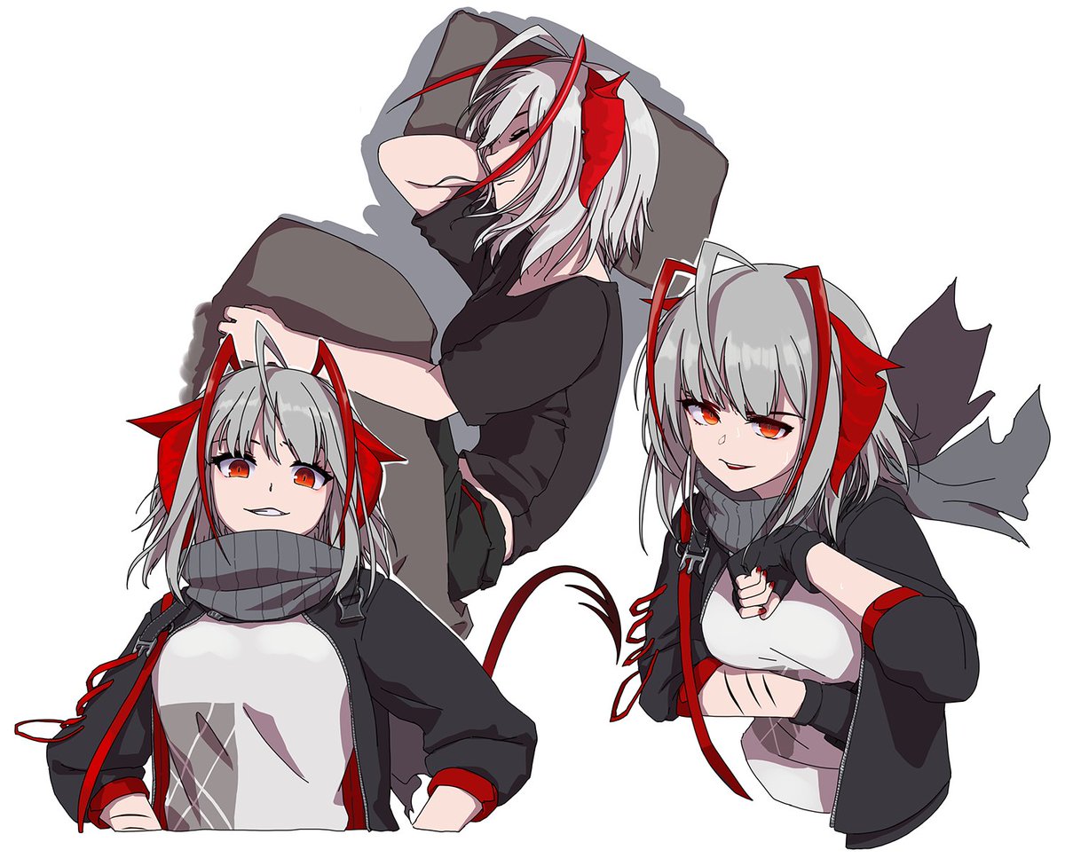 w (arknights) 1girl shirt horns grey shirt multiple views jacket black jacket  illustration images