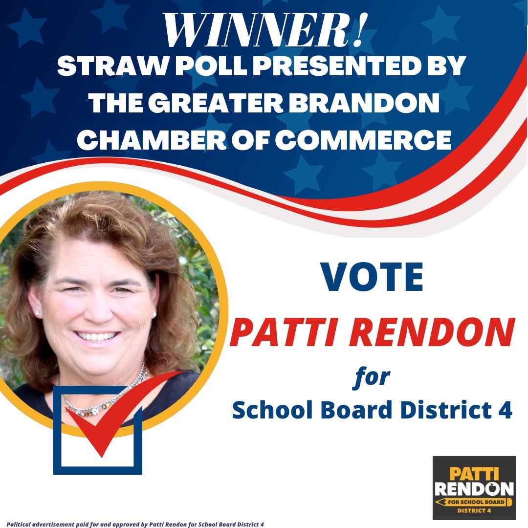 VotePattiRendon's tweet photo. Excited to announce that I won @brandon_chamber Straw Poll last night! Thank you to all those that voted for me and shared your support of my campaign. Remember to Vote Patti Rendon for School Board, District 4!  #votepattirendon https://t.co/Cf5sLkBJt5