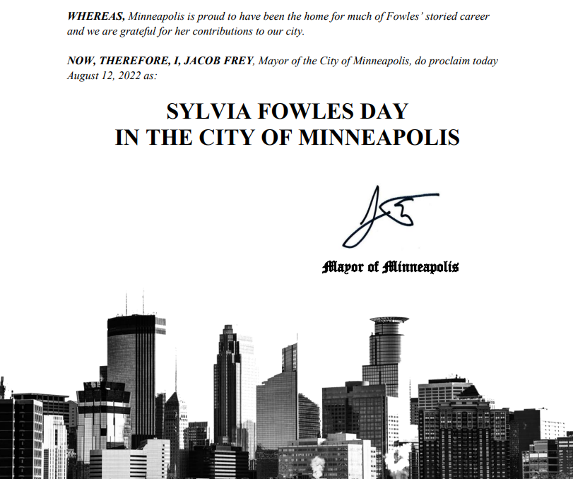 To celebrate both her last @minnesotalynx home game and her storied career, I've proclaimed today @SylviaFowles Day in the City of Minneapolis! Thank you, Syl, for your leadership, compassion, and commitment to our city.