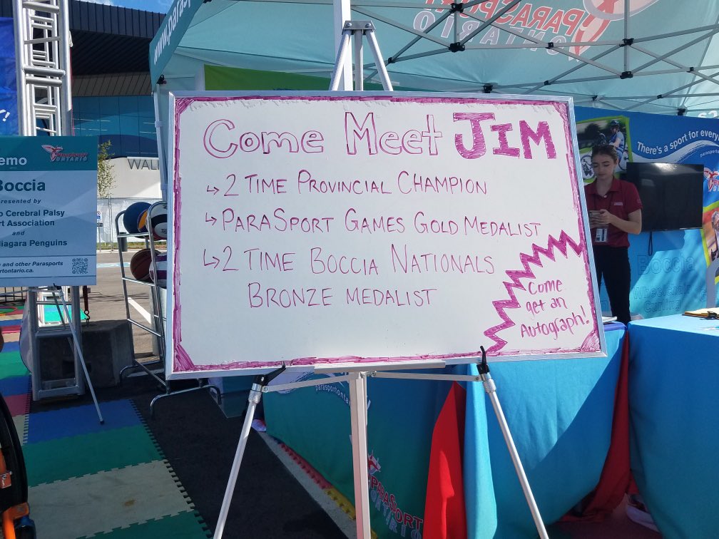 Demo day for Boccia at Canada Games Park with <a href="/parasport_ont/">ParaSport Ontario</a> <a href="/2022CanadaGames/">Niagara 2022 Canada Summer Games</a>. Boccia challenges and games are set up. Let us know if you give it a try &amp; make sure to say hi to Jim! 👋🏼