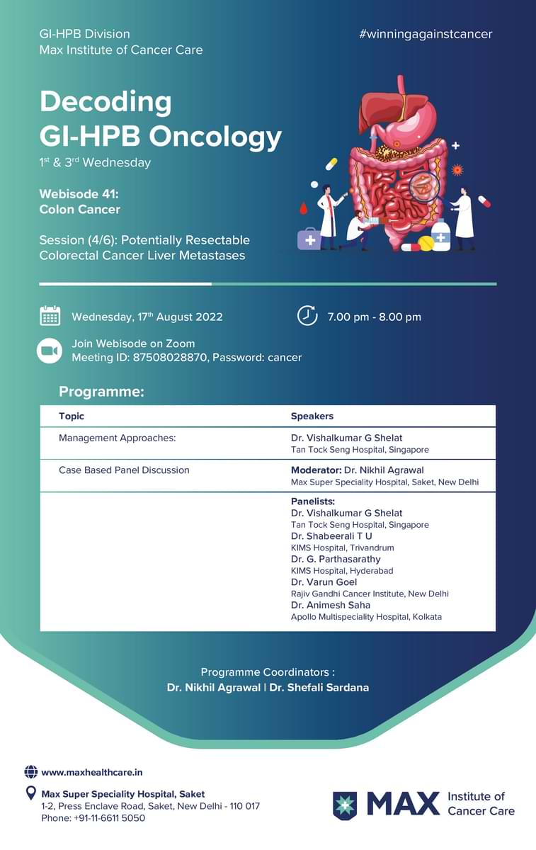 Dr. Nikhil Agrawal (@drnkhl) on Twitter photo Webisode # 41 | Decoding GI-HPB Oncology
17 Aug 2022, Wed, 7 PM
Potentially Resectable Colorectal Cancer Liver Metastases
gioncology.in
<a href="/MaxInstCancCare/">Max Institute of Cancer Care</a> <a href="/manishdoc2000/">Manish Jain</a> <a href="/asitaroraSURG/">Asit Arora</a> <a href="/YOURONCOLOGIST/">SANDEEP BATRA</a> <a href="/drshefalisarda1/">Dr. Shefali Sardana</a> <a href="/harit_oncochat/">Harit Chaturvedi</a> <a href="/DrParthasarthy/">Dr.Parthasarthy</a> <a href="/animeshsaha13/">Dr Animesh Saha</a> Webisode # 41 | Decoding GI-HPB Oncology
17 Aug 2022, Wed, 7 PM
Potentially Resectable Colorectal Cancer Liver Metastases
gioncology.in
<a href="/MaxInstCancCare/">Max Institute of Cancer Care</a> <a href="/manishdoc2000/">Manish Jain</a> <a href="/asitaroraSURG/">Asit Arora</a> <a href="/YOURONCOLOGIST/">SANDEEP BATRA</a> <a href="/drshefalisarda1/">Dr. Shefali Sardana</a> <a href="/harit_oncochat/">Harit Chaturvedi</a> <a href="/DrParthasarthy/">Dr.Parthasarthy</a> <a href="/animeshsaha13/">Dr Animesh Saha</a>