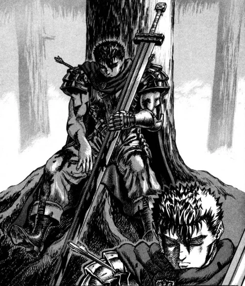 The composition ideas were strongly inspired by scenes of Guts, from Berserk (left), specially this art from Avery K (right).
The warrior resting with it's big sword, in a moment of introspection and contemplation. 