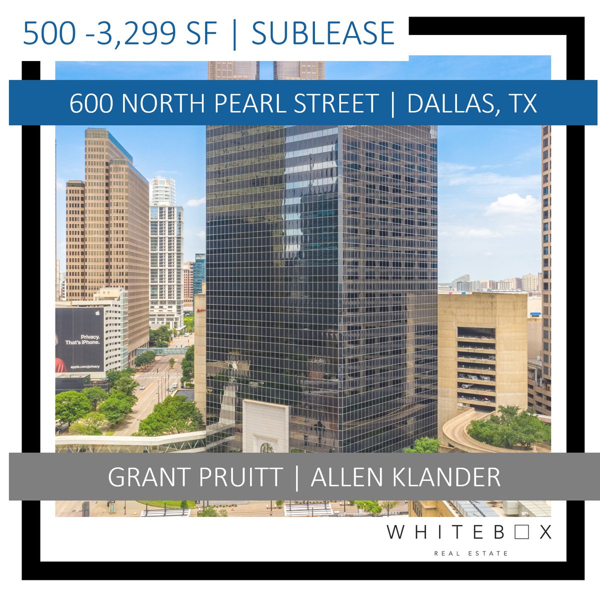 Work in the Dallas Arts District at the iconic Plaza of Americas. This sublease offers 24/7 security, elevator lobby exposure, glass walls, huddle room and so much more to mention. Call Grant Pruitt or Allen Klander at 214 380-4540 for more information.  
whiteboxrealestate.com/600-north-pear…