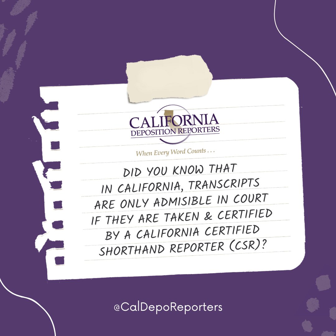 CalDepoReporter's tweet photo. Today's #DidYouKnow? 🤯💡 At CalDepo, we work only with Certified Shorthand Reporters, EVERY TIME.

Call our office @ (800)242-1996 to schedule your deposition!
After-hours or last-minute? Call/text (626) 625-0967 ☎📲
#attorney #CSR #lawyer #lawtwitter #stenographer https://t.co/AddFfTEqAt