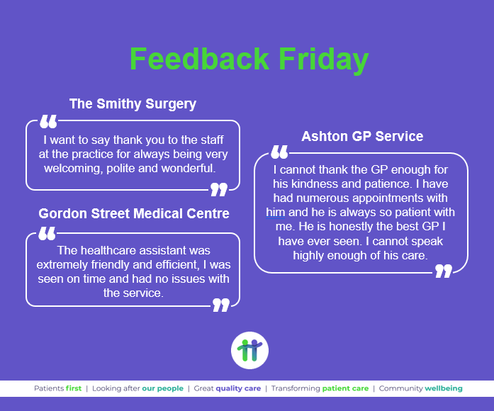 gtdhealthcare's tweet photo. As part of our #FeedbackFriday campaign, we are delighted to share with you some fantastic feedback from patients who have recently visited our practices. 

#PutPatientsFirst 
#GiveGreatQualityCare #LeadTheWayInTransformingPatientCare #ContributeToTheWellveingOfLocalCommunities https://t.co/ytrGOJlb67