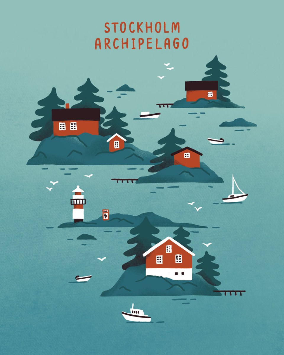 Tiny islands and red houses, that view, so dear to my heart 🌲 Made this illo in <a href="/Procreate/">Procreate</a> on a Stockholm-Helsinki ferry #illustration  #stockholm