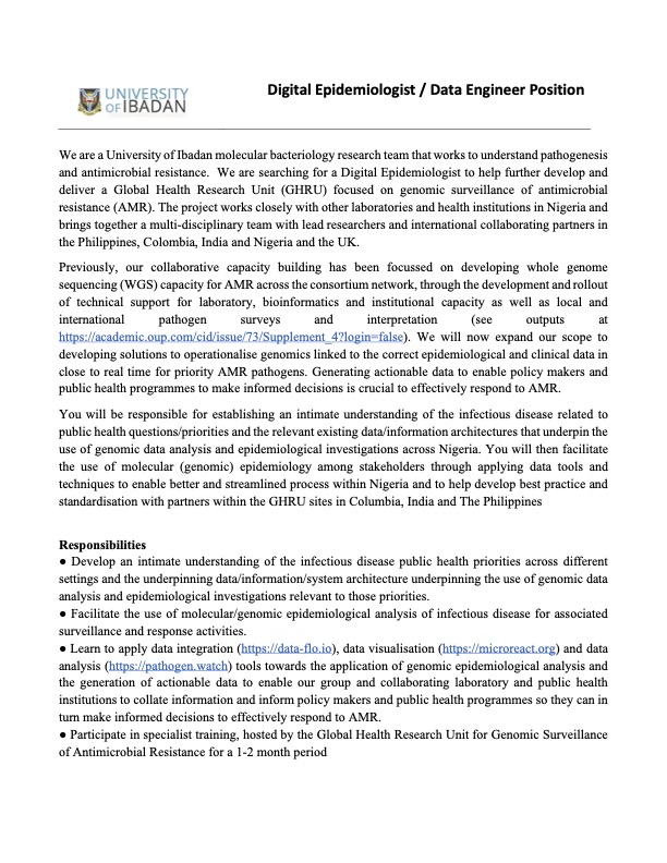 iruka_okeke's tweet photo. Would you be interested in working with us on data flow for #AMR surveillance @UniIbadan @GHRUamr ?  This is a training/ career development position so computationally savvy people with interests in #HealthMeetsTechNG but little AMR experience are encouraged to apply. https://t.co/nHMh9MVr0v
