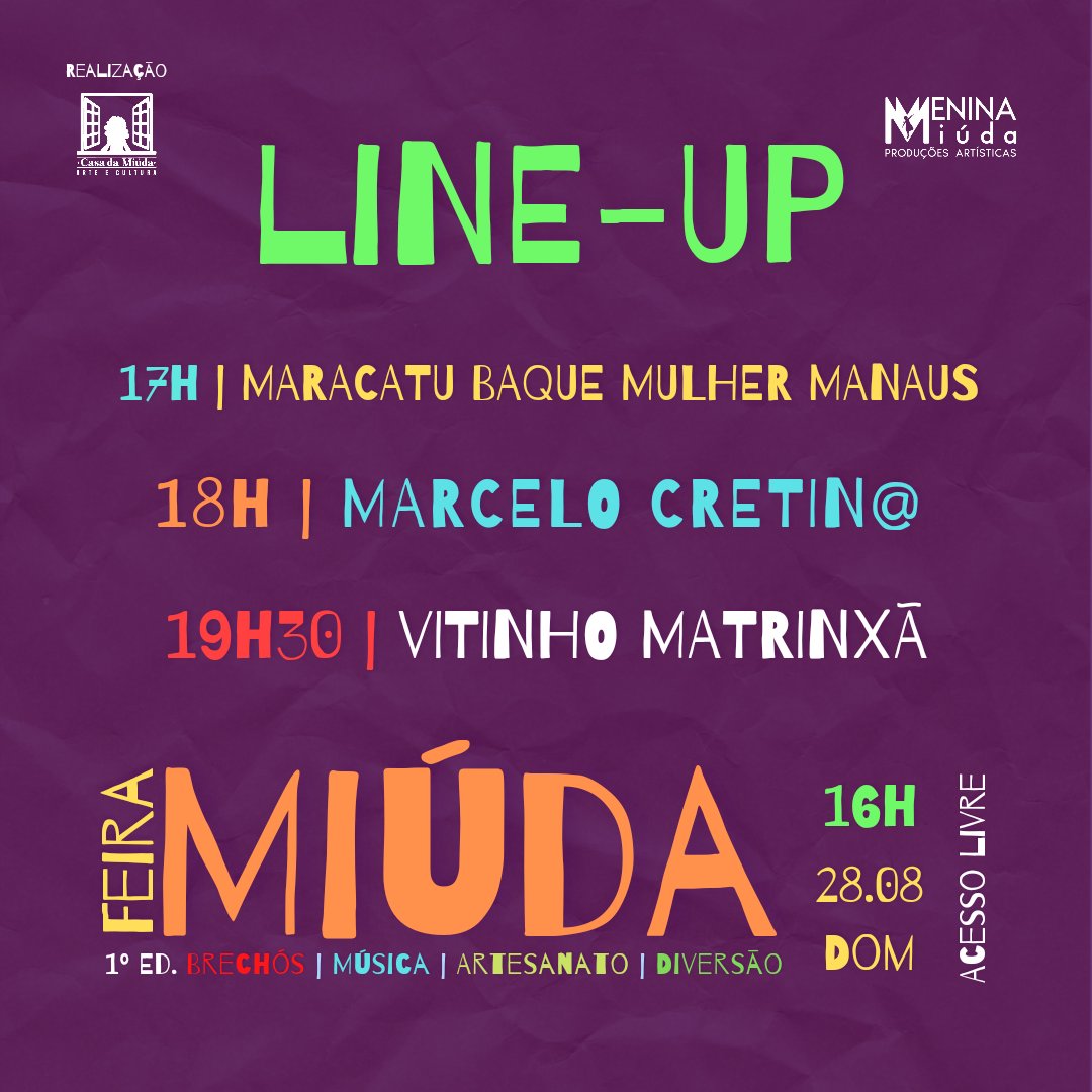 casadamiuda's tweet photo. 😭 SEGURA ESSE FORNINHO, MIÚDA!

😍Se liga na programação da 1a Edição da Feira Miúda. Vai rolar muita música boa e especial Jão, Djonga e Duda Beat para aquele esquenta que vcs estão aguardando! 

📢Chama azamigas e vêm!

#centrocultural  #culturadoam #economiacriativa https://t.co/uUvm40GDxM