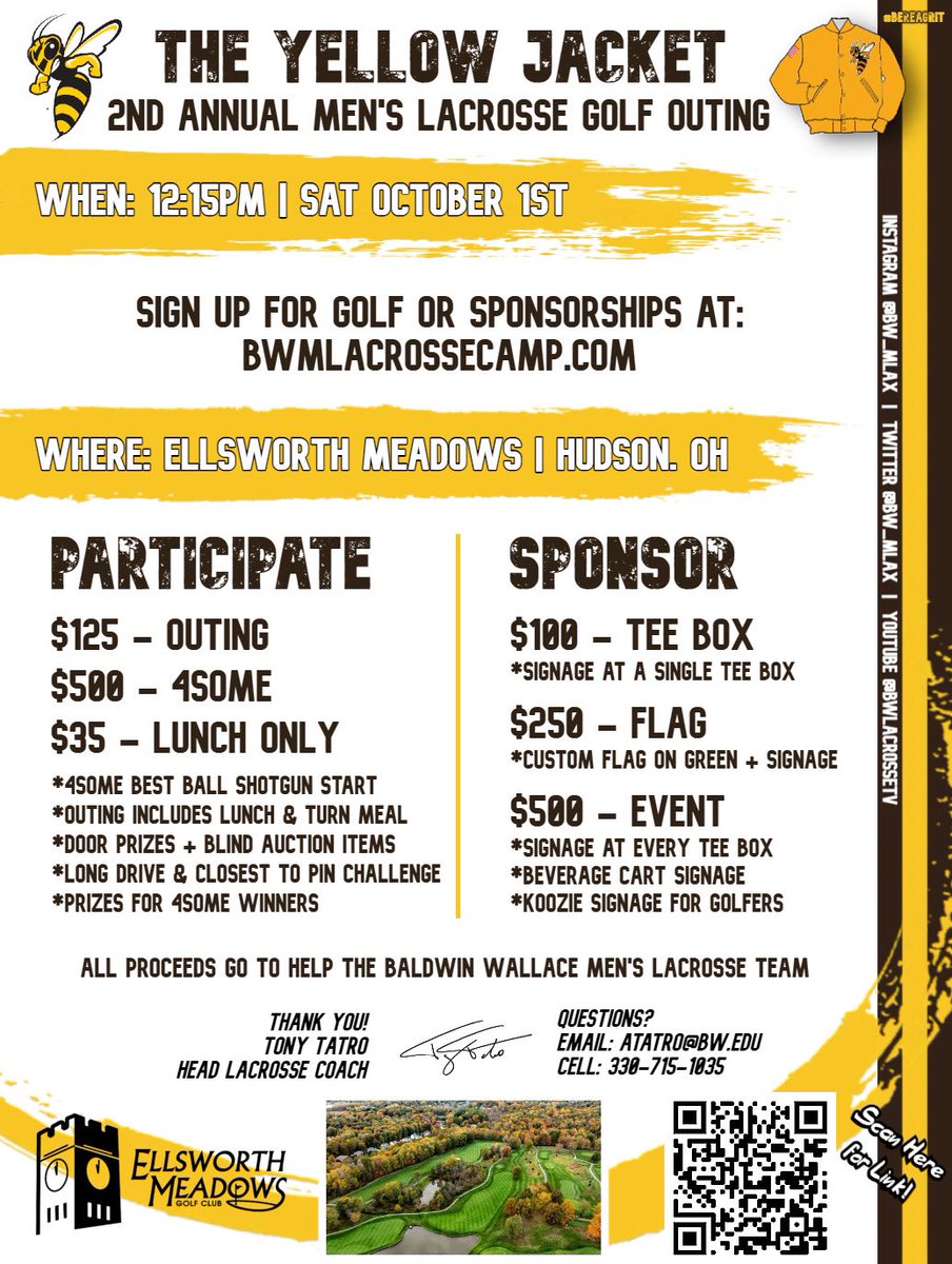 2nd Annual Baldwin Wallace Men’s Lacrosse Outing - Find your 4some and sign up quick! Spots are filling up!