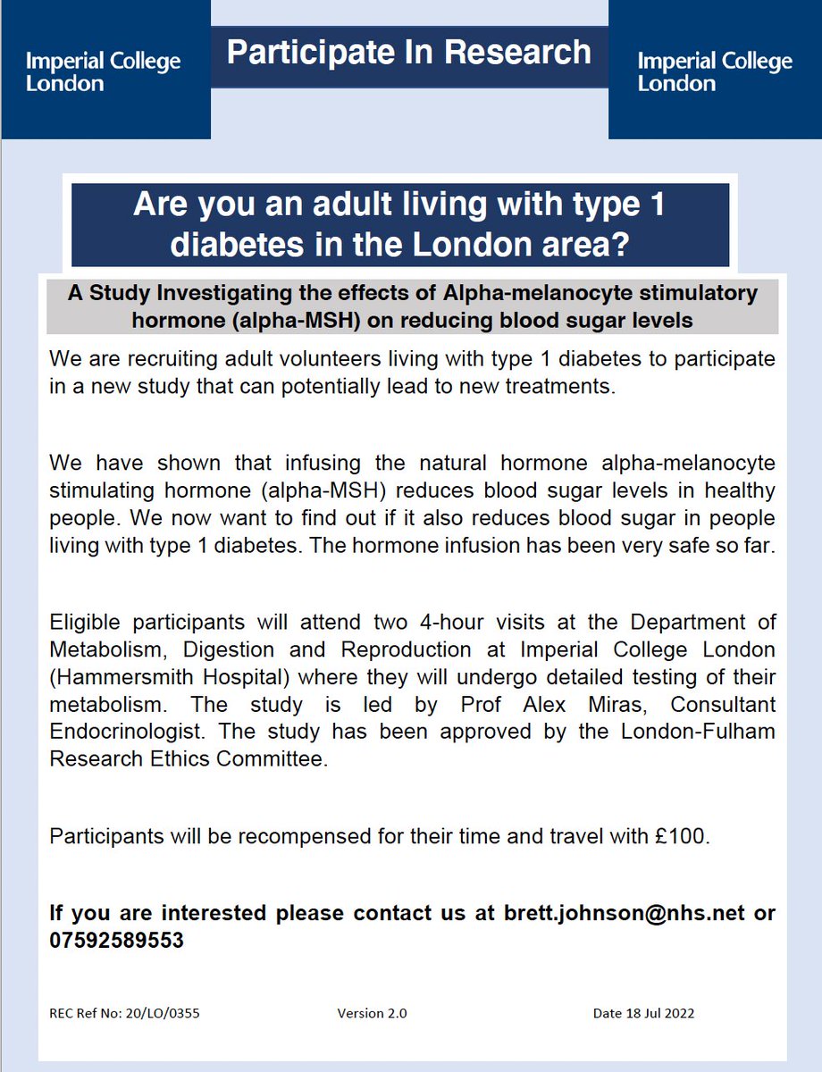 We have 15 places left for a research study into a hormone that holds promise as a new treatment for people living with #type1diabetes
More details ⤵️
<a href="/DJPournaras/">Dimitri Pournaras</a> 
<a href="/carel_leroux/">Carel Le Roux</a> 
<a href="/notyourfaultie/">Its Not Your Fault</a>  
<a href="/DiabetesUK/">Diabetes UK</a> 
<a href="/ImperialMDR/">Metabolism, Digestion & Reproduction</a> 
<a href="/werdalnajim/">Werd Al-Najim</a>