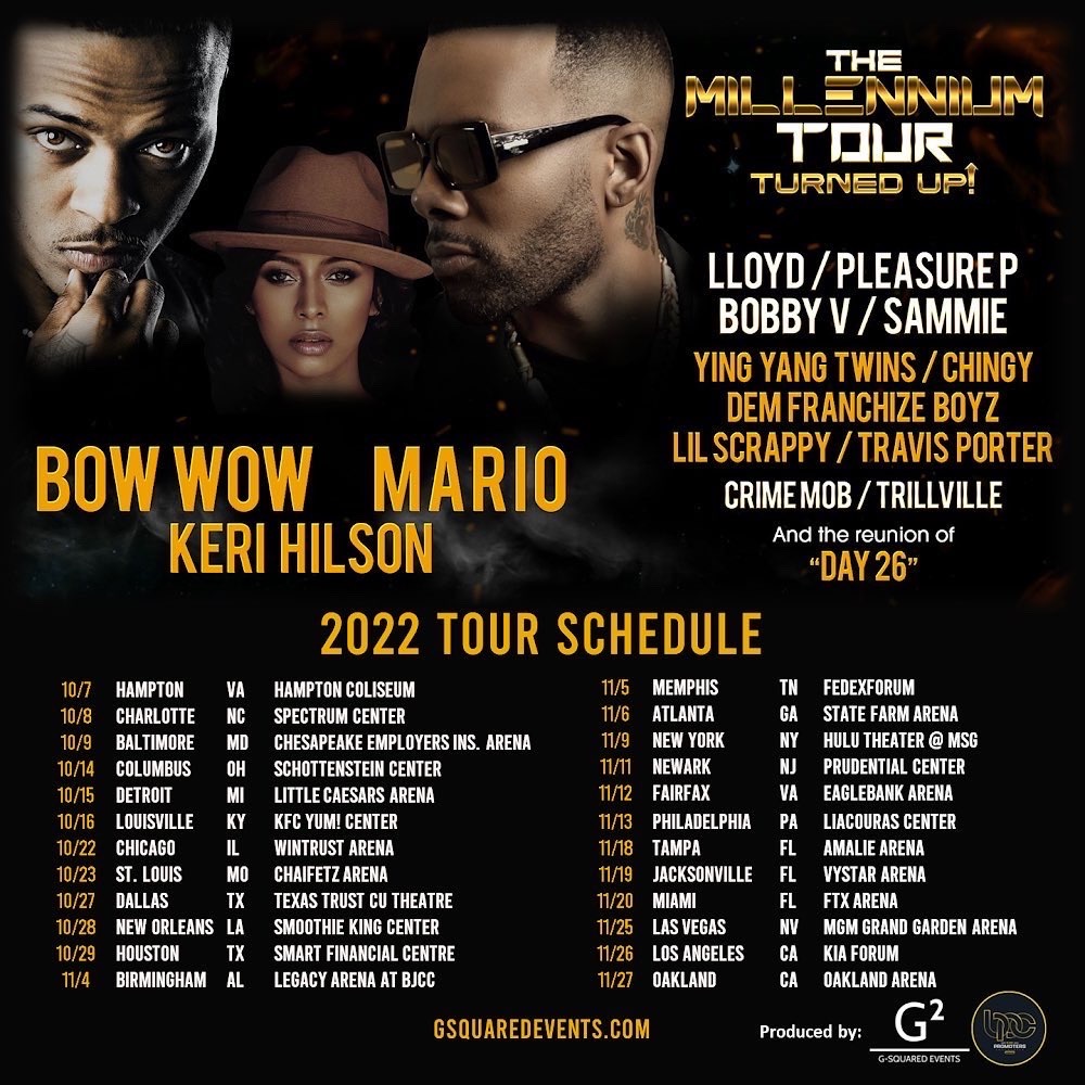BowWowNation87's tweet photo. 🚨NEWS🚨The Millennium Tour: Turned Up⬆️ starring Bow Wow (@smoss ) With - Mario, Keri Hilson, Llyod, Pleasure P, Bobby V , Day 26, Dem Franchize Boyz, Crime Mob, Travis Porter, &amp; more ! https://t.co/FxaVxpXVGE