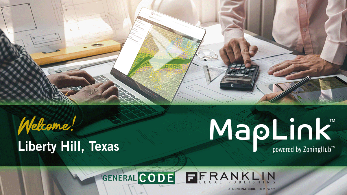 generalcode's tweet photo. Another #Texas city chooses #MapLink™! We're delighted to announce the City of #LibertyHill, TX, has chosen General Code's innovative & versatile interactive #zoningmap solution to inform & help grow its community.
Learn more: https://t.co/XmvpCxmUtj
#zoning #localgov https://t.co/wumNdFL3E2