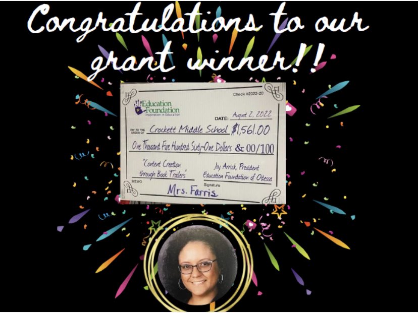 CrockettColts's tweet photo. Help us in congratulating this grant winner! Mrs. Farris won a grant to fund a program to create fun book trailers! Students have another opportunity to create digital content! Thanks to @EFOdessa! @EctorCountyISD #teamECISD https://t.co/RtDyC91HBX
