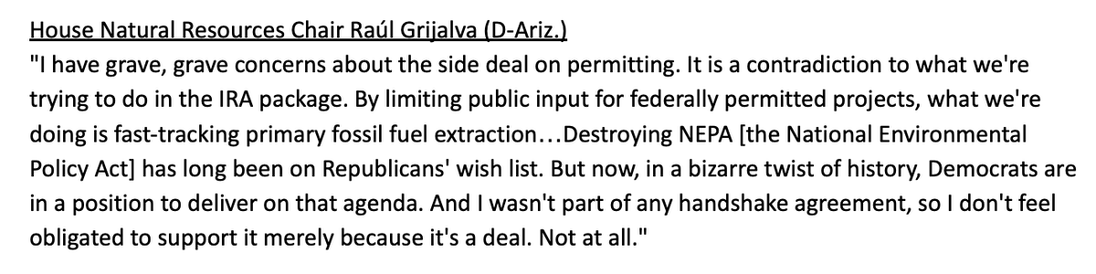 maxinejoselow's tweet photo. Just talked to @RepRaulGrijalva. While he plans to vote for the IRA, he is VERY concerned about the side deal to pursue permitting reform legislation in the fall. https://t.co/nsTKoJE4Pm