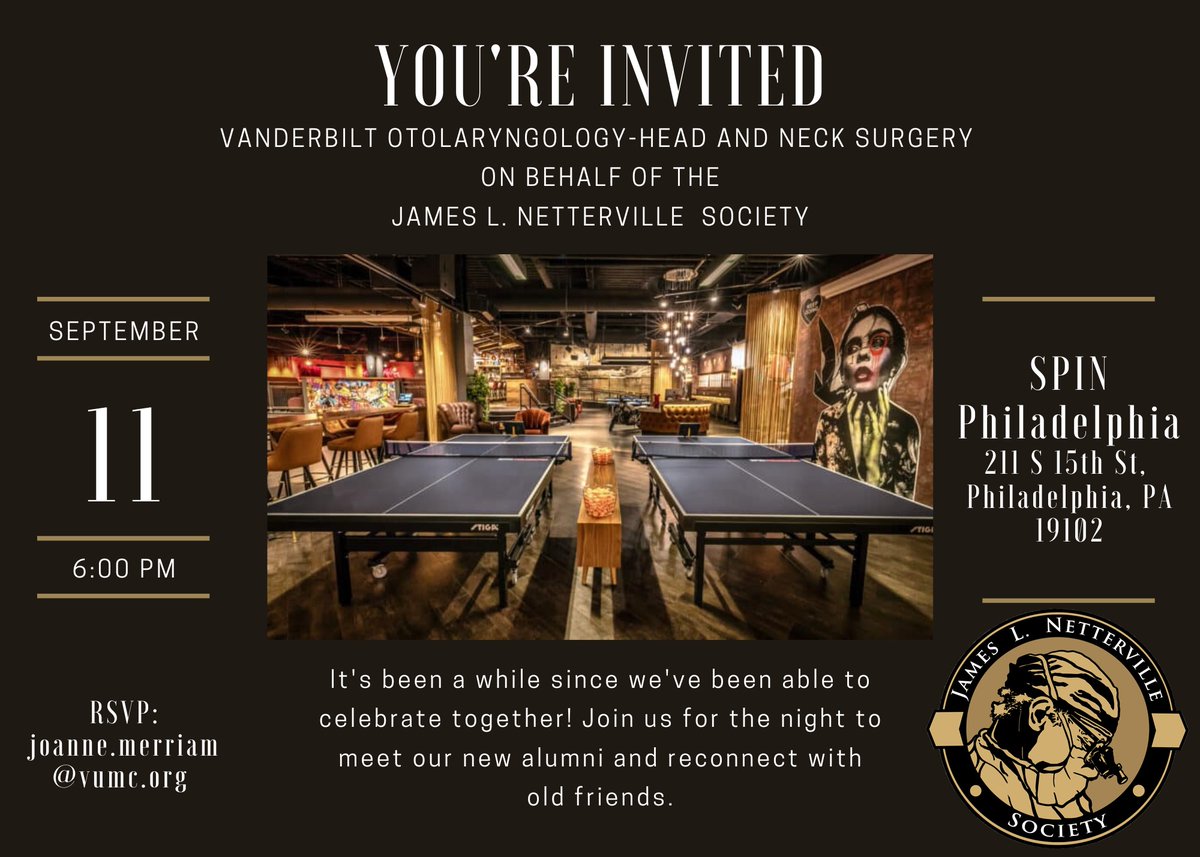 VUMC Otolaryngology–Head and Neck Surgery (@vanderbiltent) on Twitter photo Alumni, faculty and friends of the department welcome at our <a href="/AAOHNS/">AmAcadOtolaryngology</a> party! Please RSVP. #MedTwitter #VUMCrocks #IAmOto Alumni, faculty and friends of the department welcome at our <a href="/AAOHNS/">AmAcadOtolaryngology</a> party! Please RSVP. #MedTwitter #VUMCrocks #IAmOto