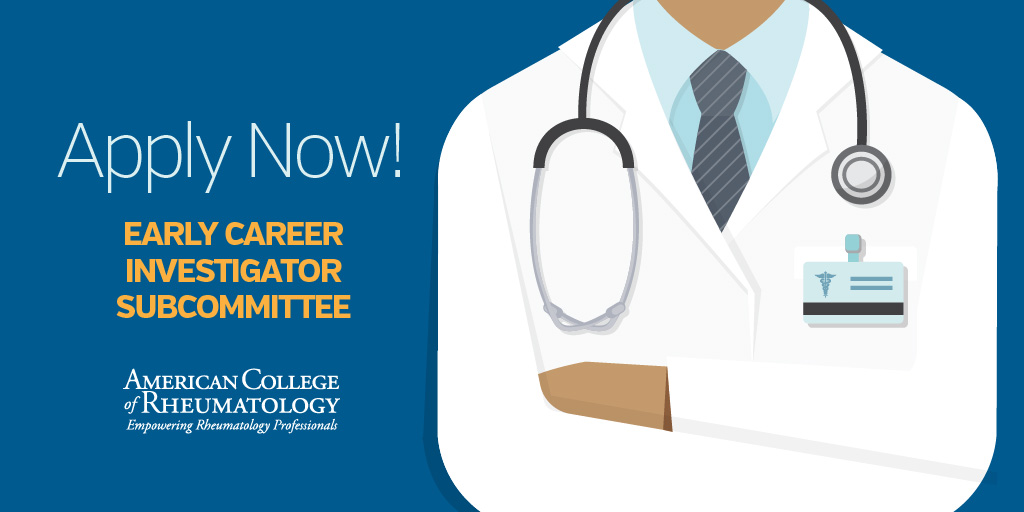 ACRheum's tweet photo. The ACR Early Career Investigator (ECI) Subcommittee is accepting applications for new subcommittee members. ECI helps serve the needs of junior faculty pursuing careers in academic #rheum. Deadline to apply is Sept. 15 at 11:59 PM ET. Details → https://t.co/1K9WNi0q6X https://t.co/WMV6LOOQLh