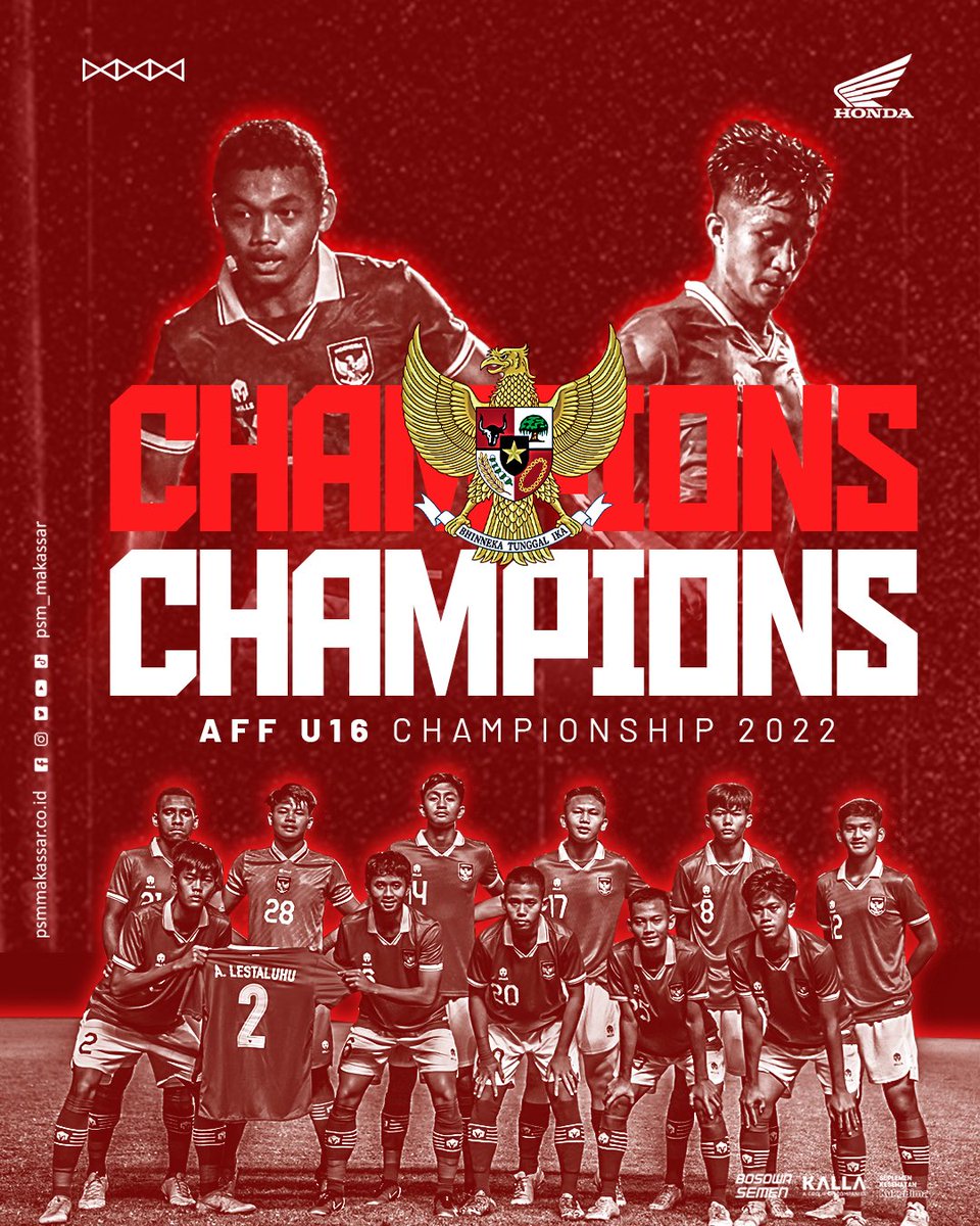 PSM_Makassar's tweet photo. 𝗖𝗛𝗔𝗠𝗣𝗜𝗢𝗡𝗦 AFF U-16 2022🏆

Selamat atas gelar juaranya boys, terima kasih telah berjuang untuk Indonesia. ♥️🇮🇩

#EwakoPSM https://t.co/qvipxUe40w