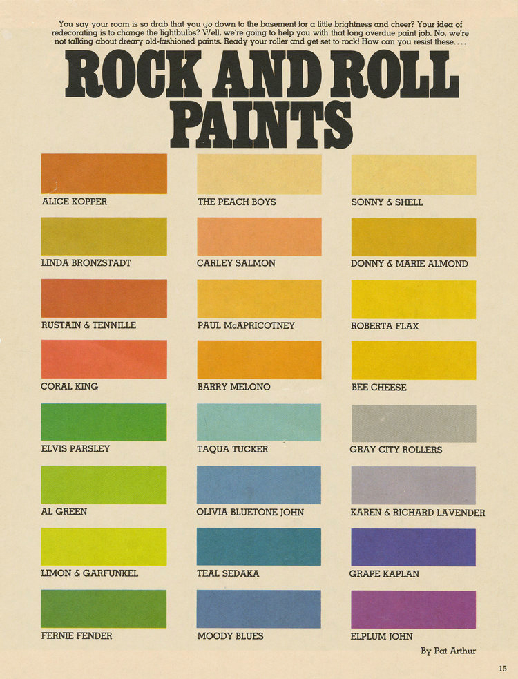 Alice Kopper with a K? Carley Salmon👌 

Rock and Roll Paint Guide By Pat Arthur. - mid-1970s
#vintage #colorpalette #puns