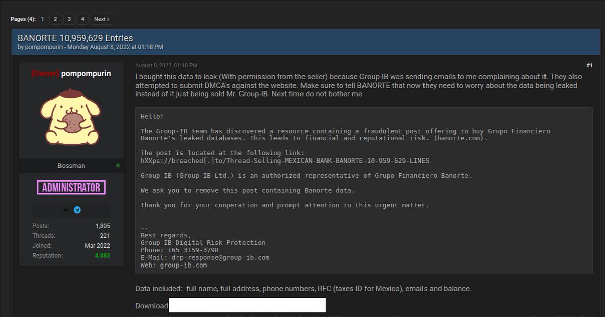 briankrebs's tweet image. The admin of the cybercrime forum Breached said they just received a cease and desist letter claiming the forum thread where a Mexican bank's data was being sold was fake news and harming the bank's reputation. The admin responded by purchasing the data and leaking it. Whoops.