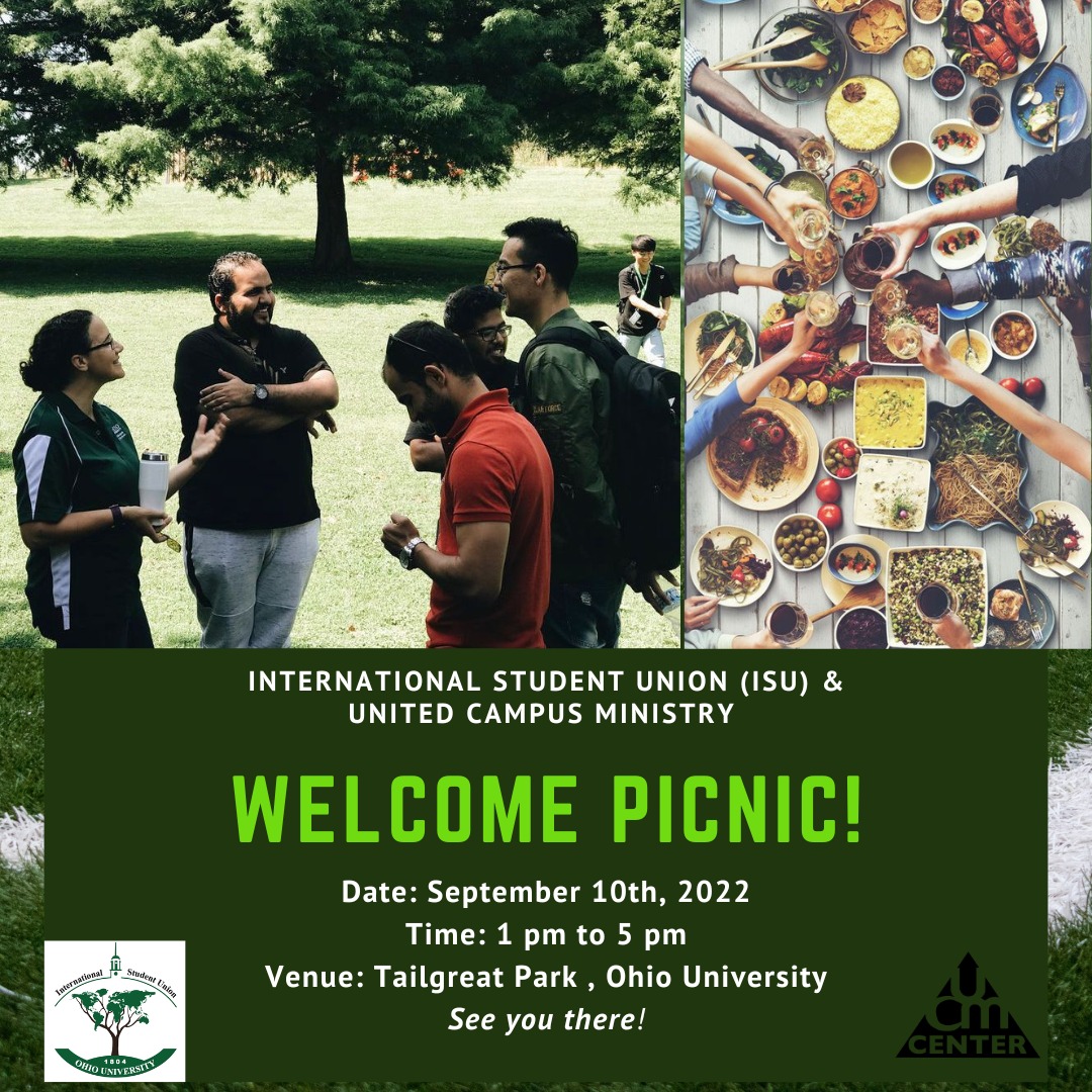 Come join us for a welcome picnic organized by ISU in collaboration with United Campus Ministry. So put on some sunscreen and let's have some fun together. This is an excellent chance for new International students to connect with current students and the local community.