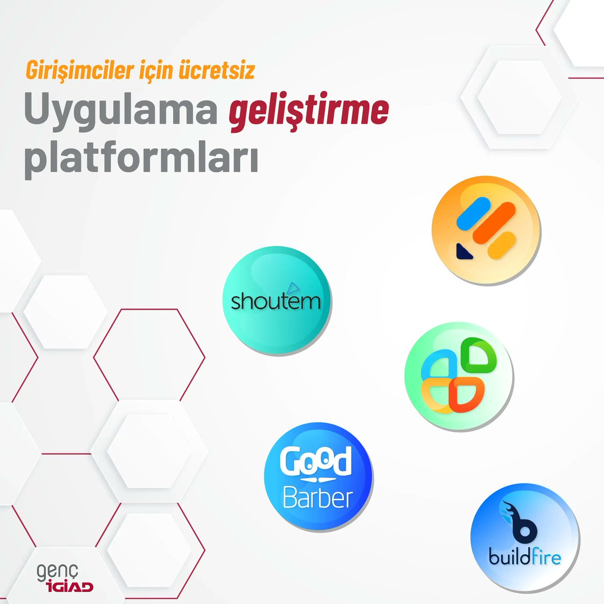 Günümüzde gelişen yazılım teknoloji girişimcilere hiç kod bilgisine sahip olmadan kendi uygulamalarını hayata geçirme olanağı sağlıyor. 

İşte o platformlardan bazıları: Jotform Apps, Appy Pie, BuildFire, GoodBarber, Shoutem