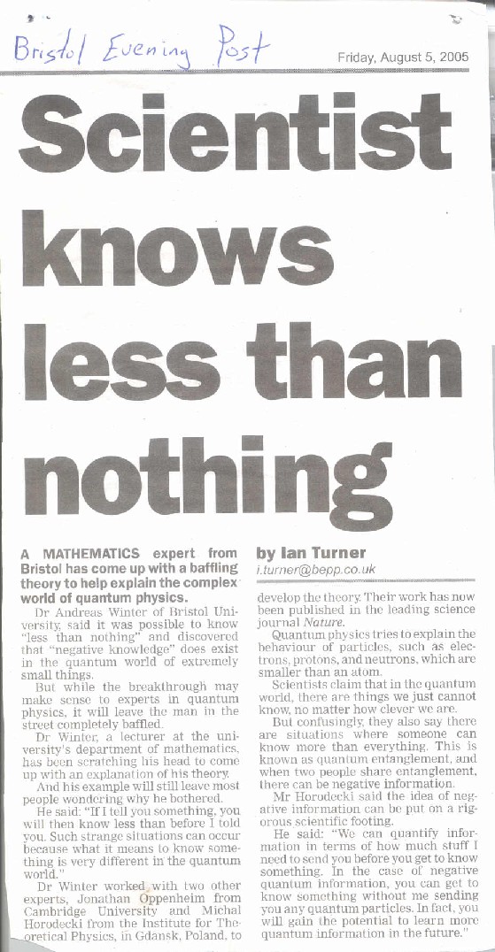 Famous news story in quantum information from 2005: "Scientist knows less than nothing"