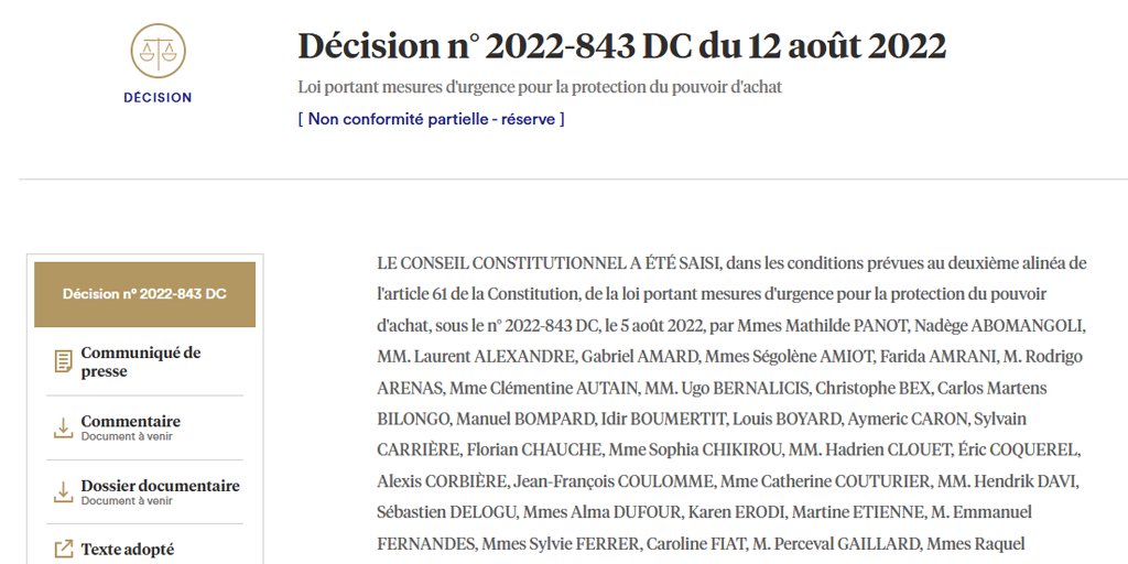 Décision n° 2022-843 DC du 12 août 2022, [Loi portant mesures d'urgence pour la protection du pouvoir d'achat] Non conformité partielle - réserve

conseil-constitutionnel.fr/decision/2022/…