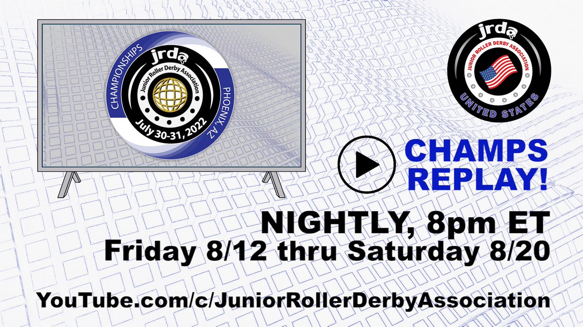 #DerbyTwitter: Starting tonight, watch #JRDAchamps and cheer yourselves on, again!  1080p, breaks edited, no halftime, no rain, all action!  

#JRDA YouTube every night at 8 Eastern will replay one game, in order, and conclude with awards 8/20. 

YouTube.com/c/JuniorRoller…