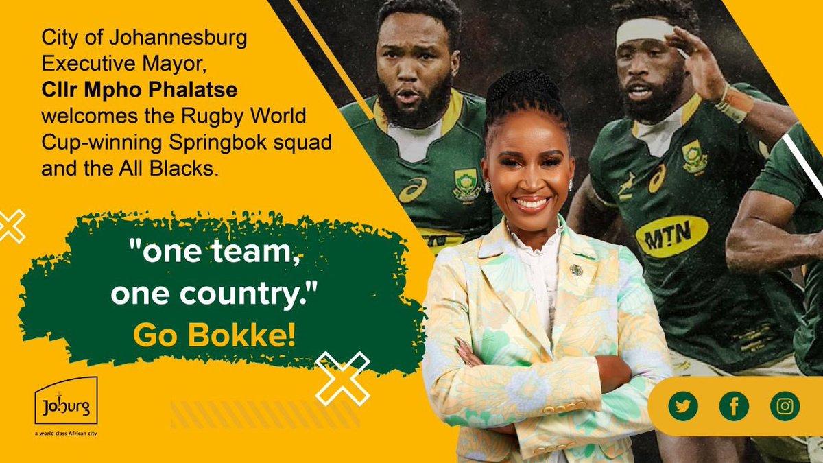 visitjoburg's tweet photo. CoJ Executive Mayor Cllr Mpho Phalatse  welcomes the Rugby World Cup-winning Springbok squad and the All Blacks. #OneTeamOneCountry #ExploreJoburg https://t.co/3CK4Yc9pAc
