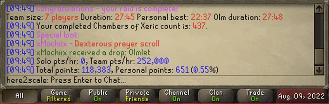 DustinKn1ght's tweet photo. @behemeth_larzzz 3 olmlets in 5 raids (528, 530, 533kc)! Unfortunately, he doesn't use the screenshots plugin, so I can't prove it was within 5 raids. These were taken on my alt. What you can see is the time and the date. 2 olmlets only an hour apart, and another 2 days later! https://t.co/lJA6EhgWbu
