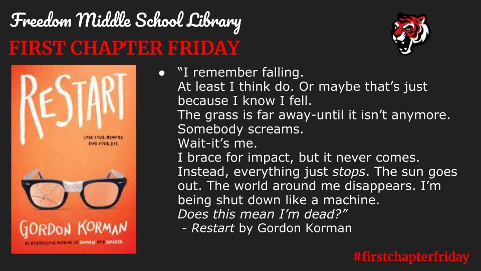 SCS_FMS_Library's tweet image. Imagine waking up in a hospital bed with no recollection of who you are, or anyone you love. This is exactly what happens to Chase Andrews after he suffers a serious fall. Read &quot;Restart&quot; by Gordon Korman to find out if Chase is ever able to recall who he was before the fall.
