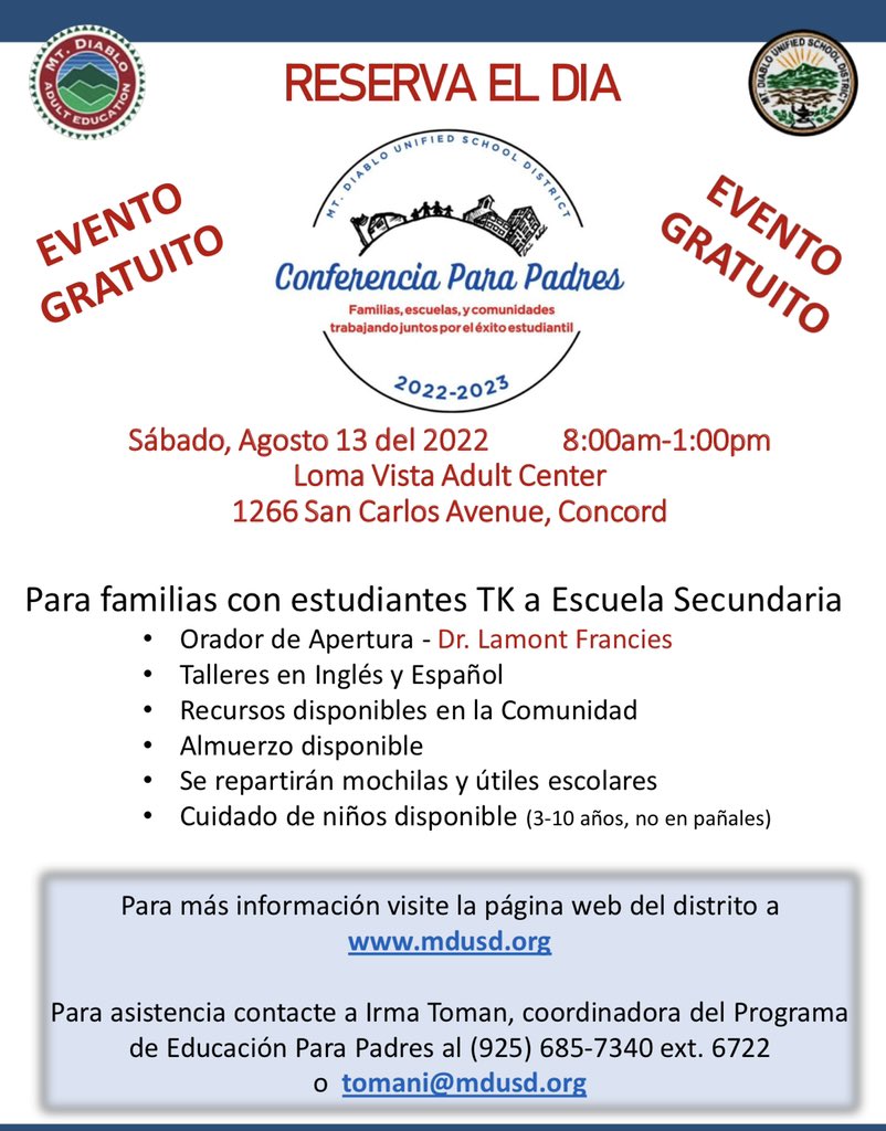 jameswogan's tweet photo. Everyone is talking about the Conference for @MtDiabloUSD Parents & Guardians tomorrow Saturday 8.13.2022. Please remind ur students to remind their parents. #ParentConference #Partnership #Together #Juntos @ACSARegion6 https://t.co/GvcRGcd7SK