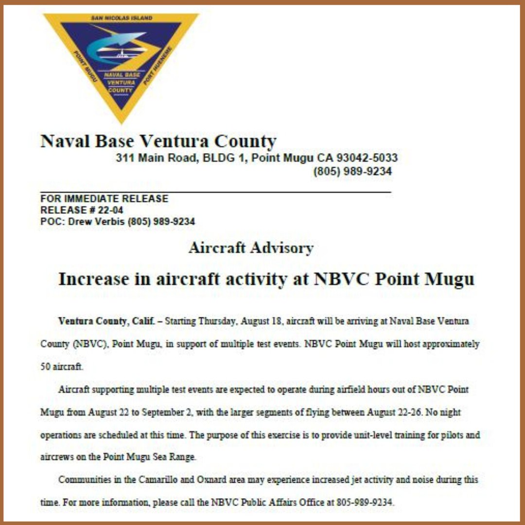 CityCamarillo's tweet photo. Aircraft Advisory: Increase in aircraft activity at NBVC Point Mugu starting Thur, Aug 18. Aircrafts will be arriving at Naval Base VC (NBVC), Point Mugu, in support of multiple test events. More info at NBVC Public Affairs Office 805-989-9234.
#navalbasevc #pointmugu #NBVC https://t.co/9Yq4PEXXaQ