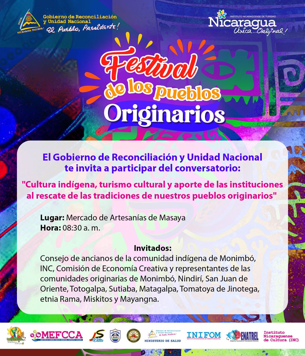 Mañana 13 de agosto invitamos a conocer sobre nuestros pueblos originarios, te esperamos en el Mercado de Artesanías de Masaya 🤩👏🏻

#NicaraguaÚnicaOriginal #NicaraguaNaturalmenteBella
