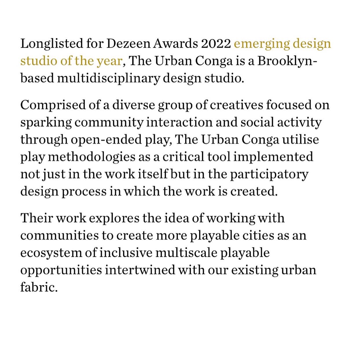 We are excited and honored to be longlisted for the <a href="/dezeen/">Dezeen</a> awards 2022 emerging design studio!! <a href="/dezeenawards/">Dezeen Awards</a> #dezeenawards