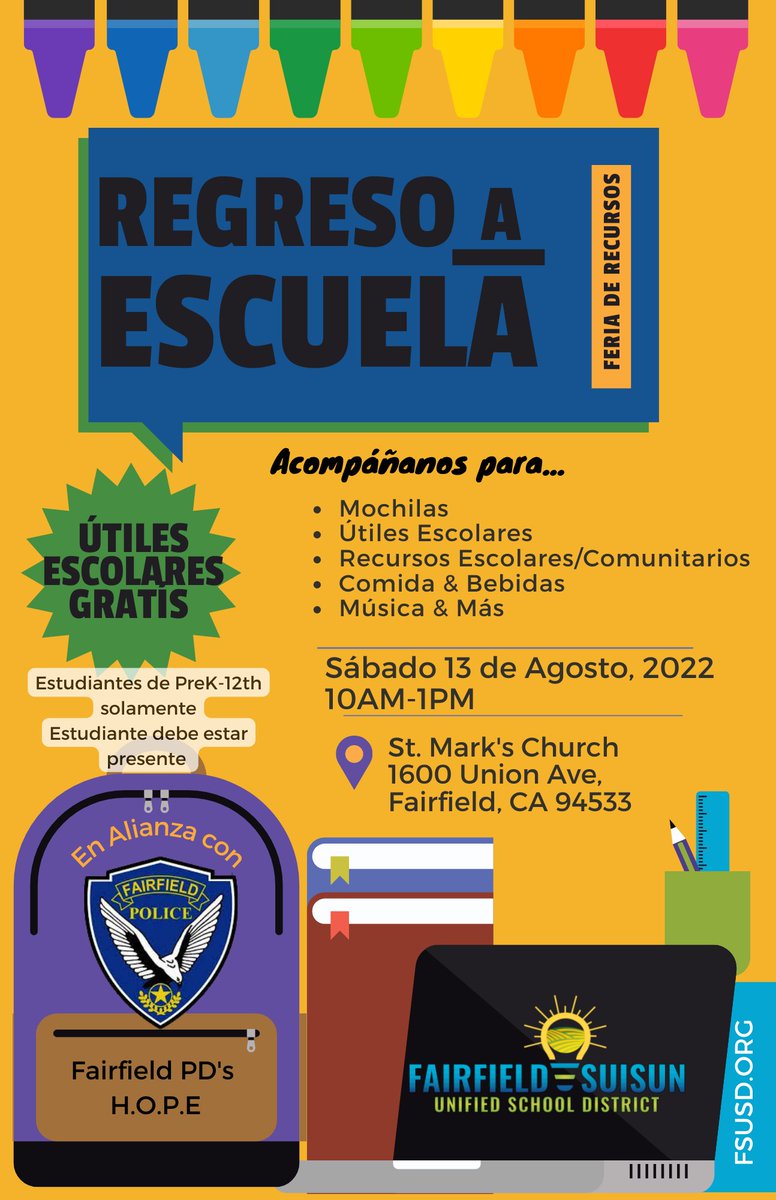 Fairfield-Suisun USD (@fairfieldsuisun) on Twitter photo The Back to School Resource Fair is this tomorrow! We hope you will join us for a few hours of food, music, free school supplies, and community resources. It is sure to be a phenomenal kick-off to the school year. #FSUSD The Back to School Resource Fair is this tomorrow! We hope you will join us for a few hours of food, music, free school supplies, and community resources. It is sure to be a phenomenal kick-off to the school year. #FSUSD