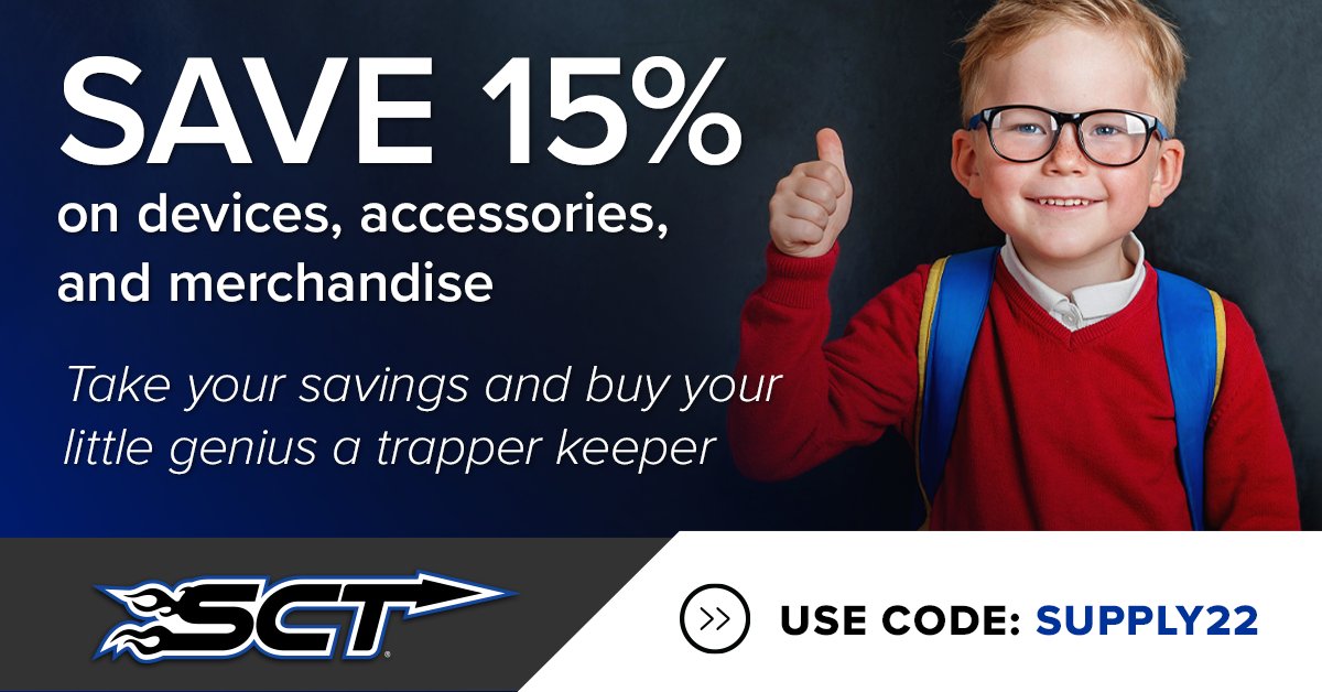 SCT Performance (@sctperformance) on Twitter photo It's back to school so it's time to celebrate!!!!!  From now until Friday the 19th, save 15% on devices, merchandise, and remote unlocks.  Simply go to sctflash.com and enter SUPPLY22 at checkout! It's back to school so it's time to celebrate!!!!!  From now until Friday the 19th, save 15% on devices, merchandise, and remote unlocks.  Simply go to sctflash.com and enter SUPPLY22 at checkout!