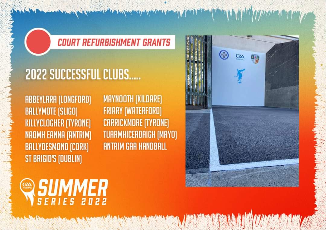 𝗦𝘂𝗺𝗺𝗲𝗿 𝗦𝗲𝗿𝗶𝗲𝘀 𝗖𝗼𝘂𝗿𝘁 𝗥𝗲𝗳𝘂𝗿𝗯𝗶𝘀𝗵𝗺𝗲𝗻𝘁 𝗚𝗿𝗮𝗻𝘁 𝗪𝗶𝗻𝗻𝗲𝗿𝘀

The below Clubs have been successfully awarded €500 each as part of GAA Handball's Summer Series Court Refurbishment Grants 2022.