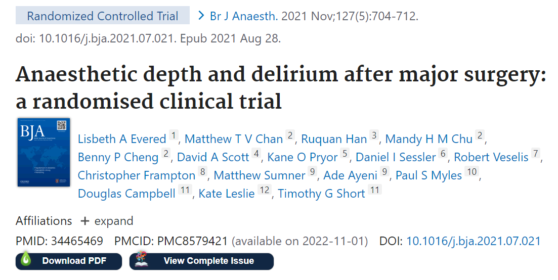 Read the latest on postoperative #delirium & anaesthetic depth after major surgery from #AmerDeliriumResearch committee member Dr. Lis Evered bit.ly/3w2DEnv @BJAJournals @EstherOh_MDPhD @ICUKhan @minipixie26 @GenShinozakiMD
