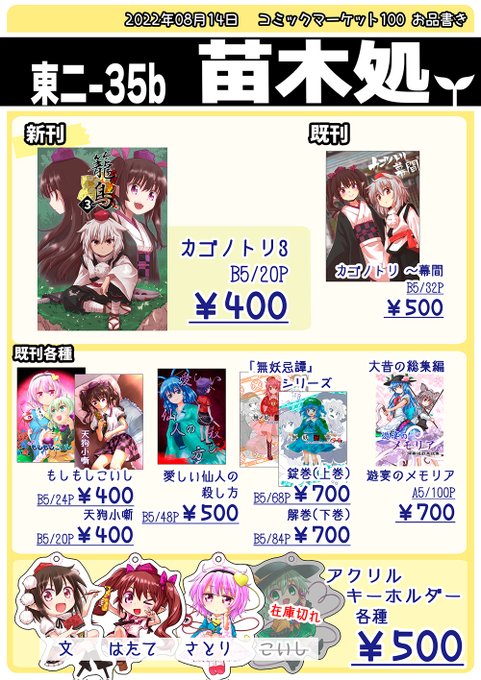 直前告知。C100日曜日東ニ-35b「苗木処」で参加します。新刊はコロナ過前の最後のコミケでちゃんと本の形で出せてなかった「籠鳥3」を改めて。FANBOXで公開してるものを加筆修正しただけのものです。4以降はもう少し待ってね 